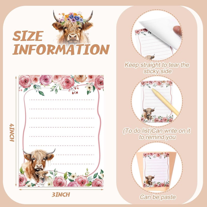 Chiisong 12 Pieces Highland Cow Sticky Notes 3x4 Inch Animal to Do List Just Loves Butterfly Sunflower Memo Notes Highland Cow Gifts Home Kawaii Cute Office Supplies - Image 2